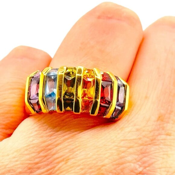 Signed Gold Vermeil 925 Rainbow Cubic Zirconia Channel Set Ring Size 9 Statemen - Picture 2 of 9
